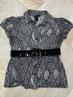 INC International Concepts Black and White Snake Print belted blouse